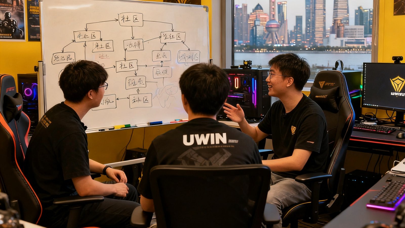UWIN电竞创始团队三人在充满电竞元素的办公室中围坐在白板前热烈讨论，白板上画满了社区架构图，窗外是上海浦东的城市天际线，画面温暖富有故事感
