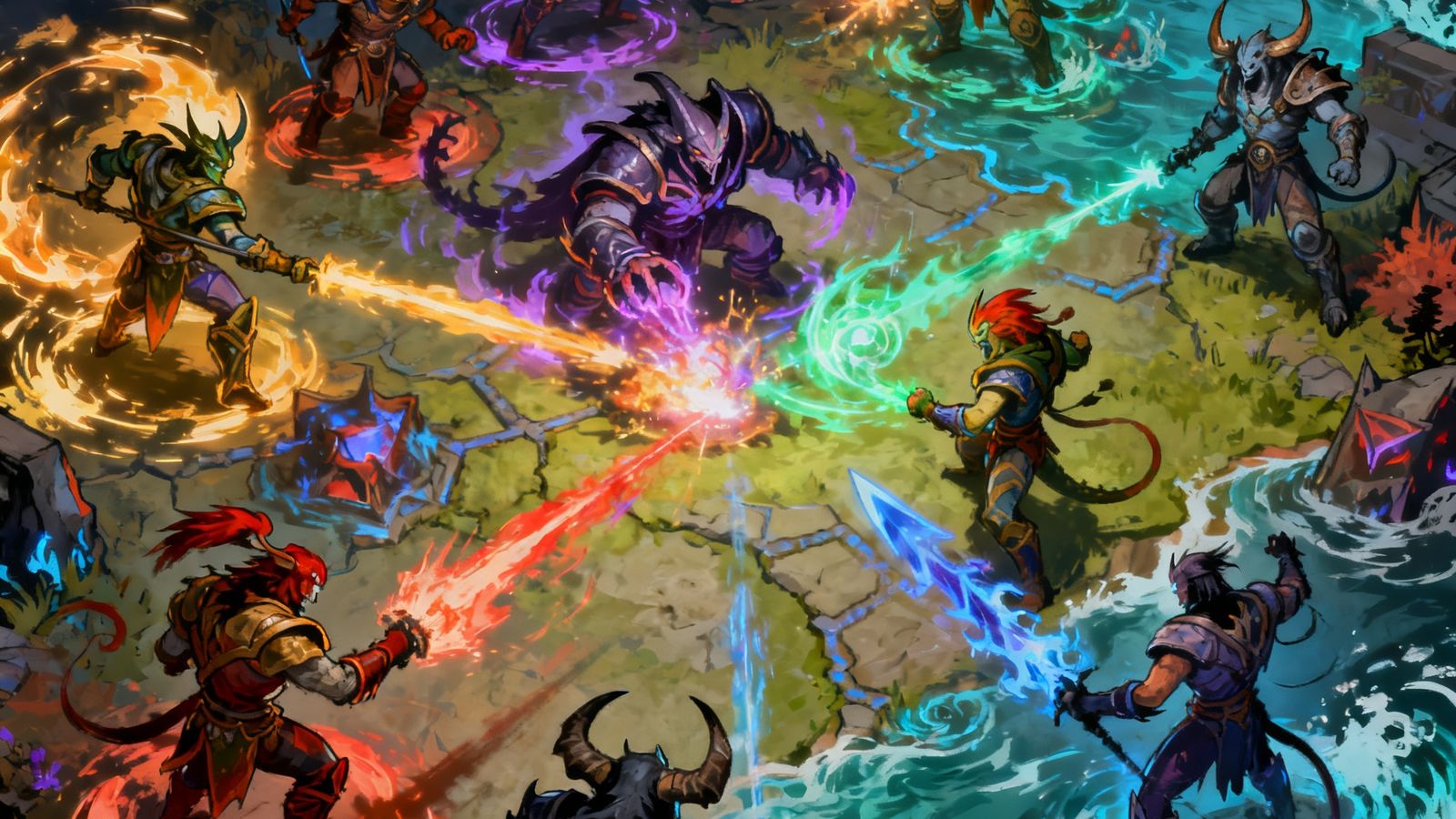 DOTA2史诗级团战场景手绘，十位英雄在夜魇暗潮地图上释放终极技能，光影交错中展示出极高的战术深度与视觉冲击力